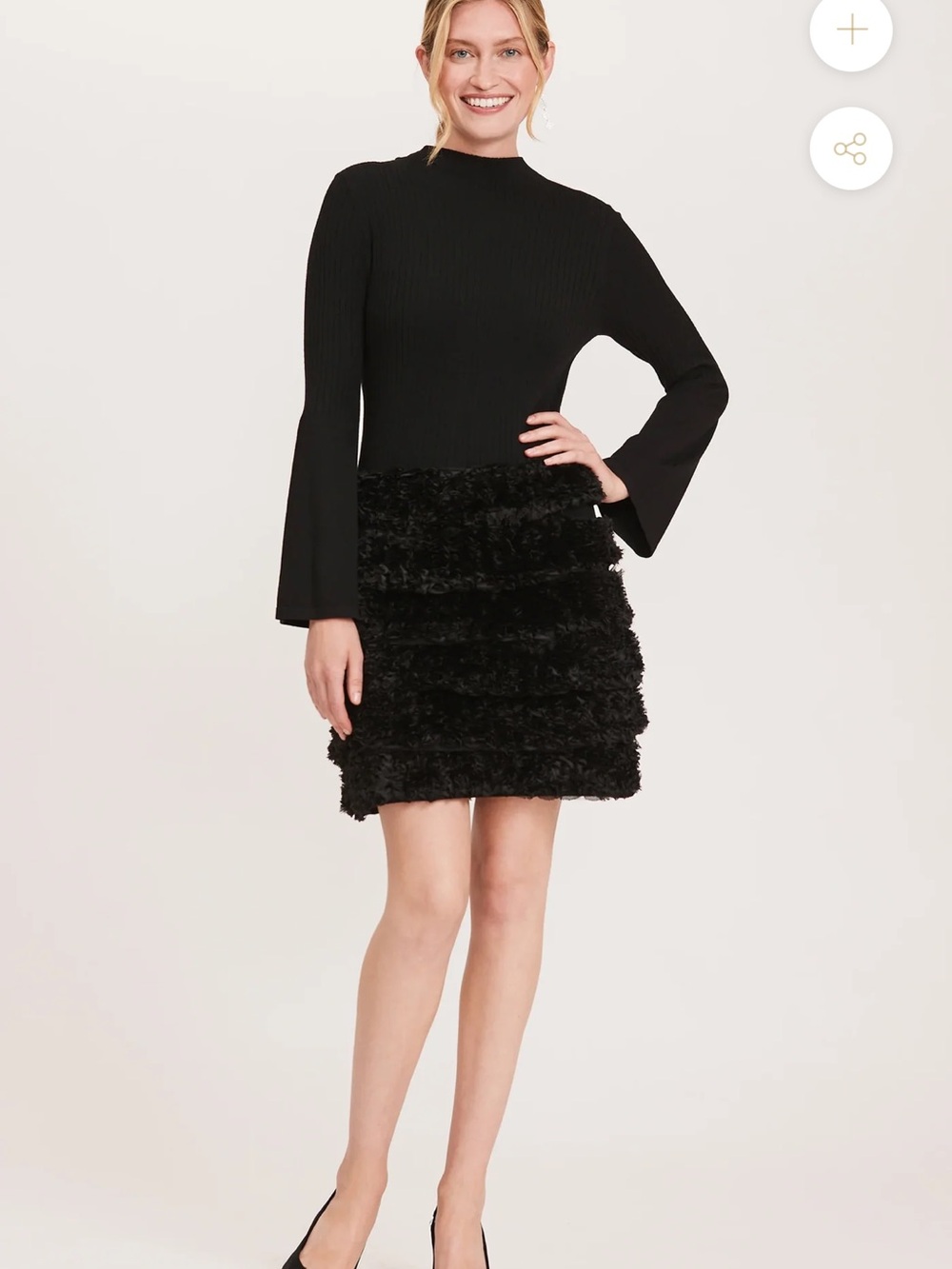 Tyler Boe NWT Silver Skimmer Black Bell Sleeve Ruffle Skirt Dress